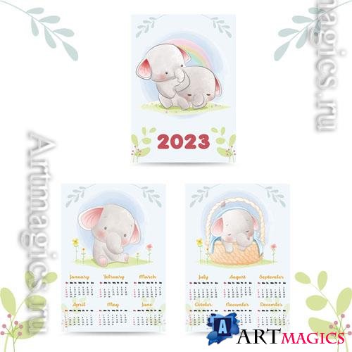Vector calendar 2023 cute animal watercolor illustration