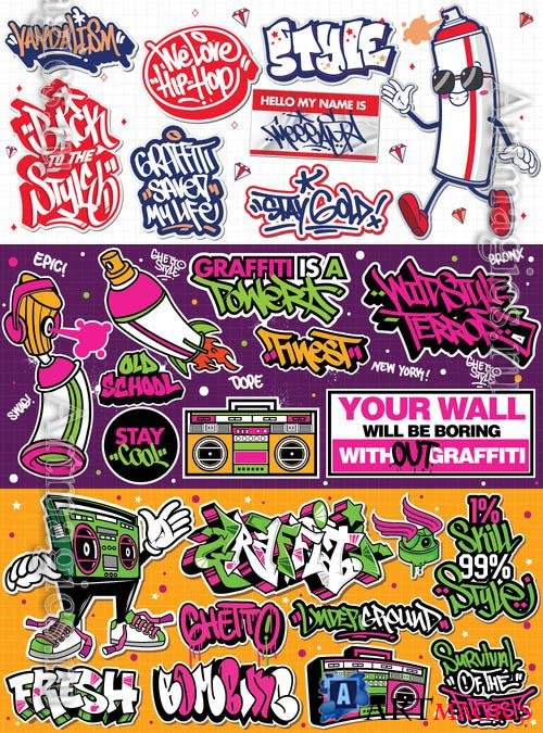 Colorful vibrant graffiti art sticker vector designs