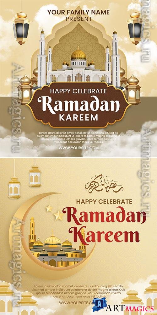 Ramadan kareem psd poster with a picture of a mosque and a month