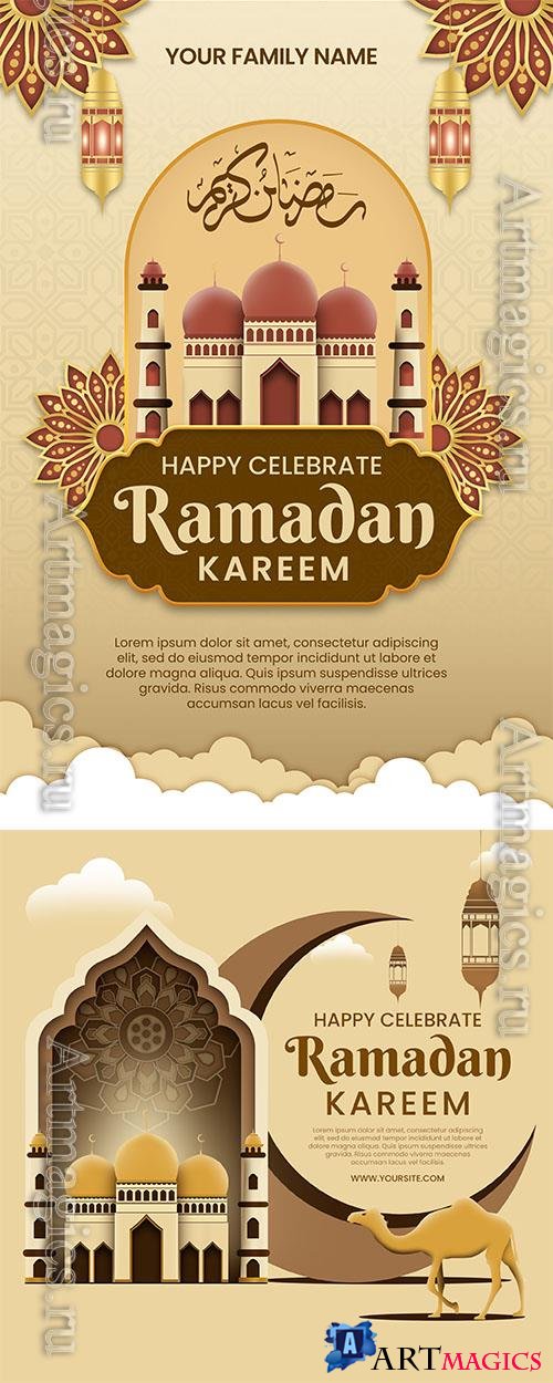 Ramadan kareem psd poster with a picture of a mosque and a camel