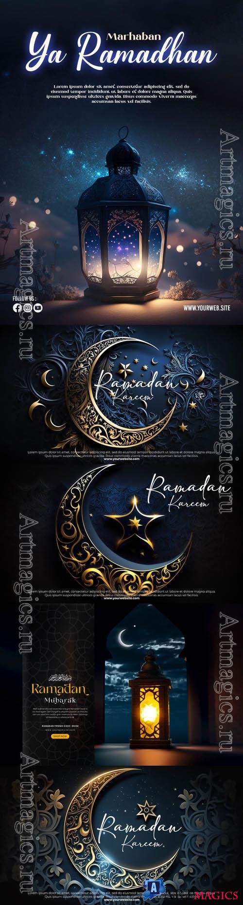 PSD ramadan kareem banner template with 3d render islamic background
