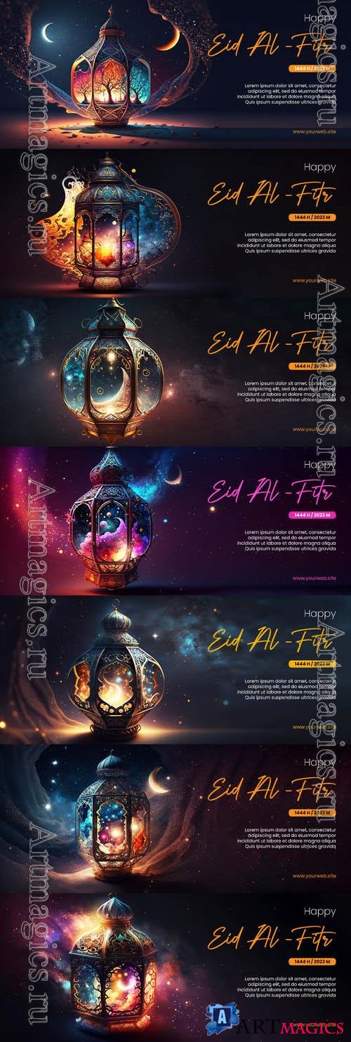 PSD happy eid al fitr poster with arabic lantern background
