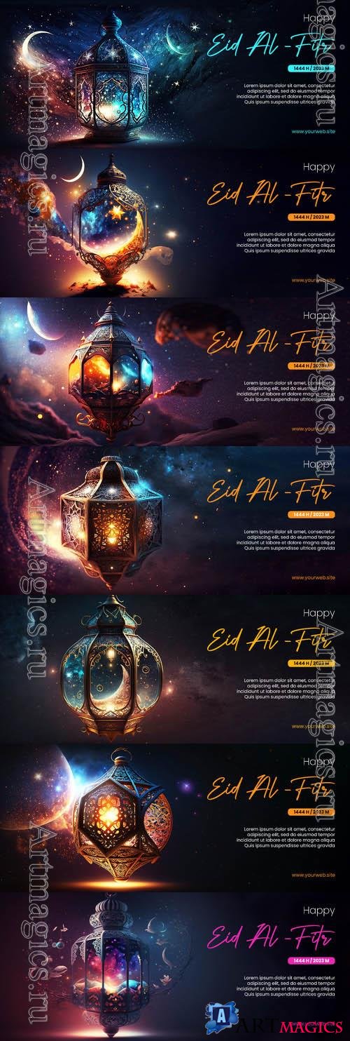 Happy eid al fitr psd poster with arabic lantern background and outer space