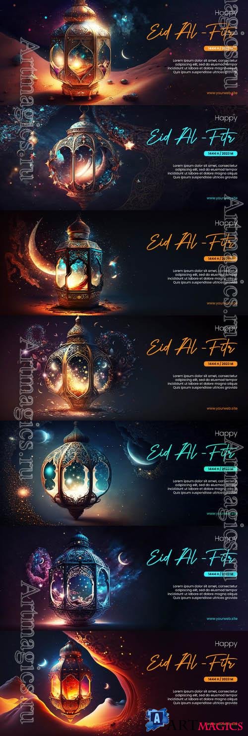 Happy eid al fitr poster with arabic lantern