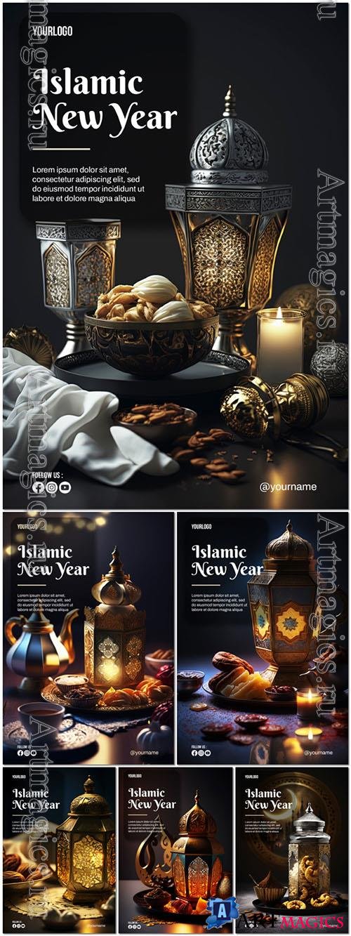 Happy islamic new year psd poster with lantern and dates background
