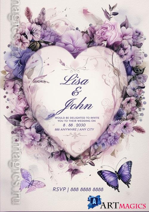 Wedding psd invitation purple heart with purple flowers and a butterfly