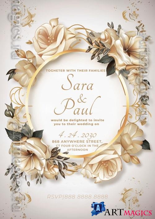 Wedding invitation with a gold psd frame and white flowers