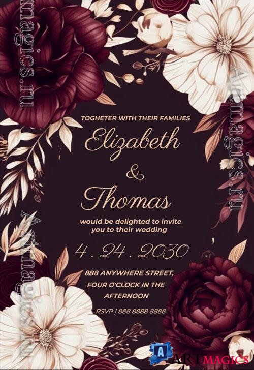 Wedding burgundy and white floral psd invitation with a dark background and white flowers