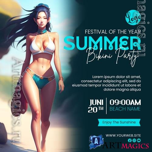 Beautiful oriental girl on the background of the sea, summer psd poster