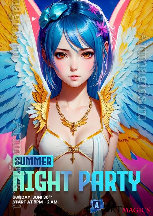 Anime girl with wings on a summer psd background