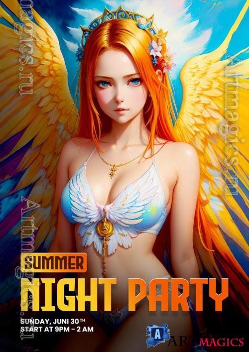 Anime girl in a bikini on a summer psd background