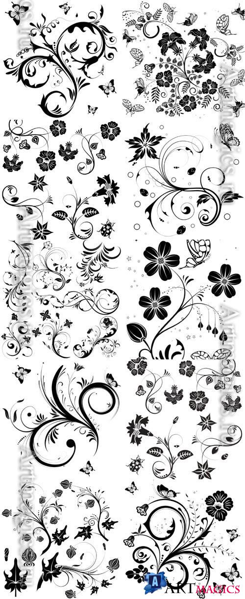 Floral, frame, dividers, scrolls, line, curls, patterns, borders, design elements, calligraphic, ornaments, decorative hand drawn vector set