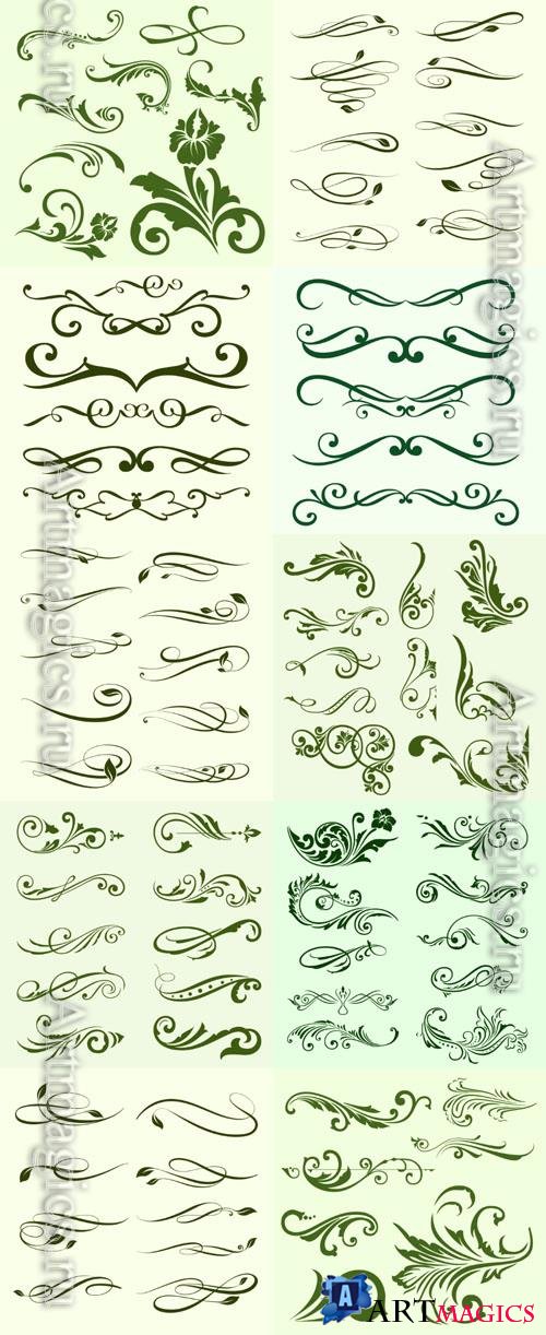 Design elements, frame, dividers, line, patterns, curls, borders, floral, scrolls, calligraphic, ornaments, decorative hand drawn vector set