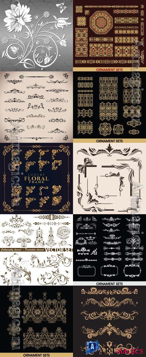 Calligraphic, frame, dividers, line, patterns, borders, curls, scrolls, floral, design elements, ornaments, decorative hand drawn vector set