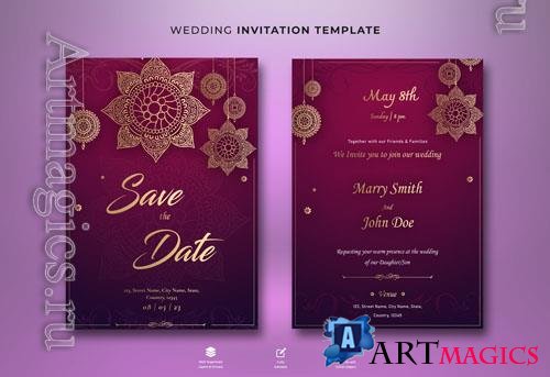 PSD beautiful wedding invitation card set template with flowers and leaves