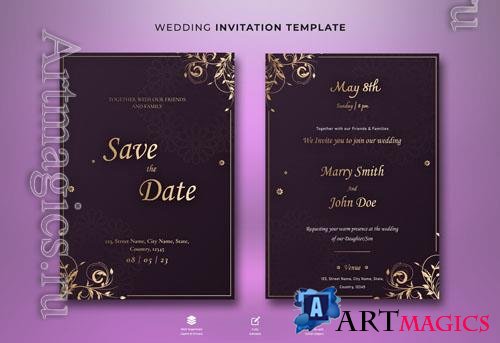 PSD beautiful invitation card templates withgold theme and flowers illustration