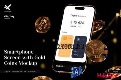 Smartphone Screen with Gold Coins Mockup - 2560432