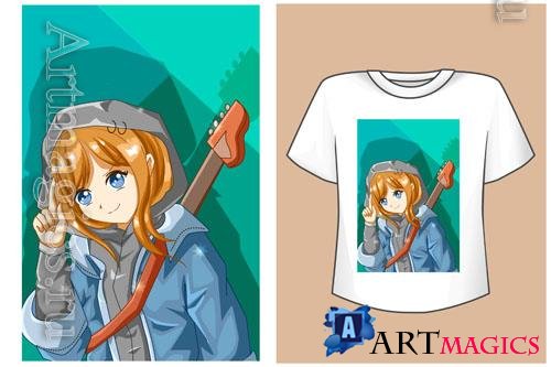 Vector mockup t-shirt guitarist anime girl