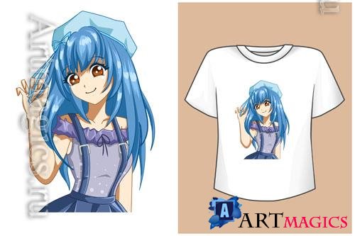 Vector mockup t-shirt cute anime girl blue hair