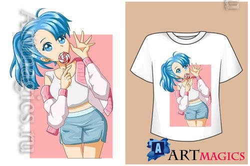 Vector mockup t-shirt cute anime girl blue hair with jacket