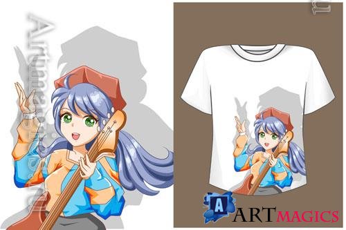 Vector mockup t-shirt cartoon anime girl with guitar