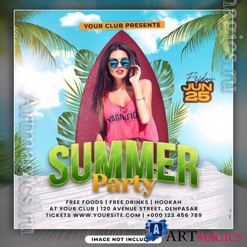 Summer psd beach party with girl flyer template