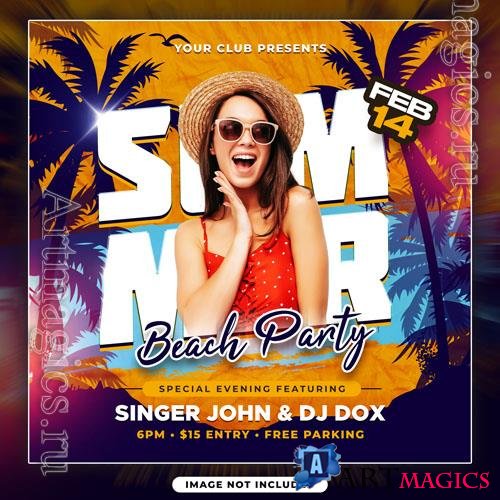 Psd summer beach party with girl flyer template