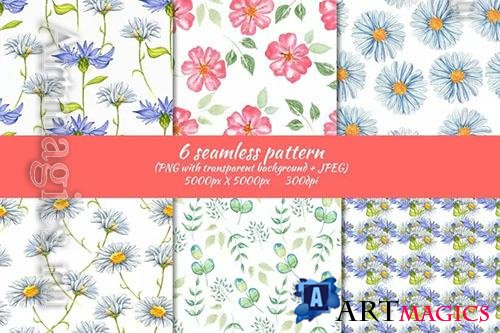 Wildflowers seamless patterns and herbs gentle watercolor