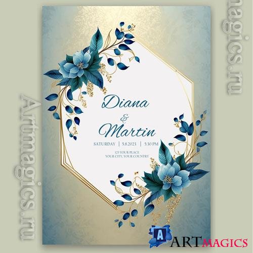 Psd a blue floral wedding invitation