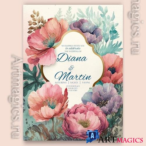 Beautiful psd wedding invitation for a wedding with watercolor flowers
