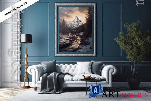 PSD a portrait canvas mockup in a blue elegant living room