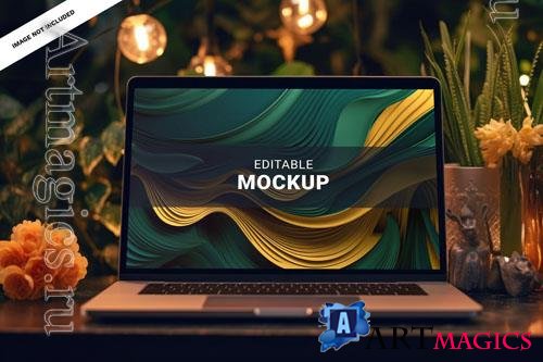 PSD a beautiful and elegant laptop mockup macbook with flowers and leaves desk editable
