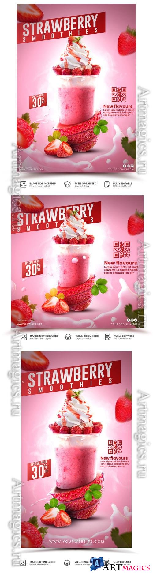 PSD strawberry smoothies drink menu flyer template