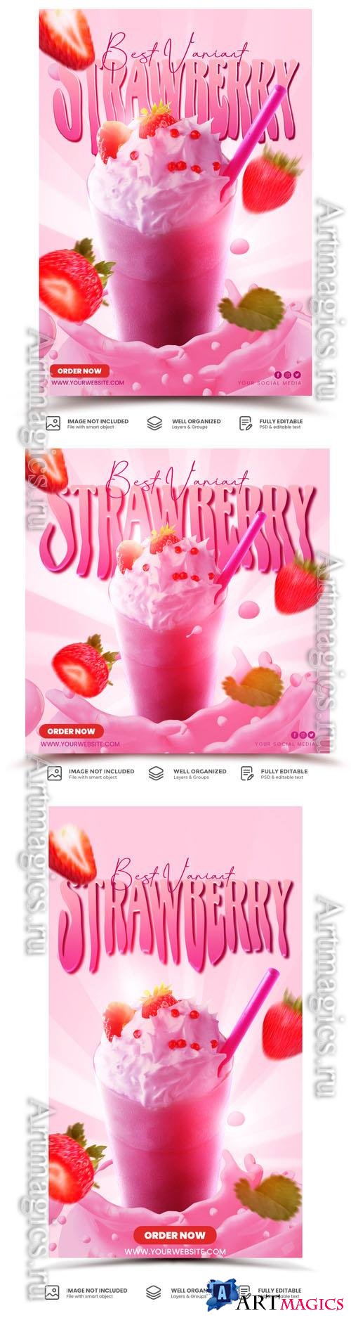 PSD strawberry milkshake drink promotion social media template