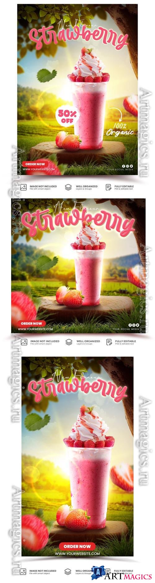 PSD strawberry milkshake promotional menu promotion element template
