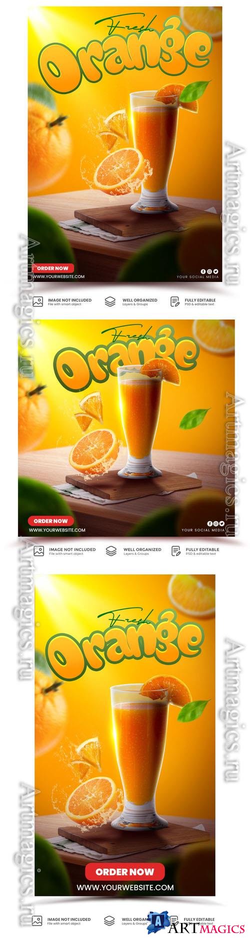 PSD orange juice menu retaurnt drink promotion design flyer template