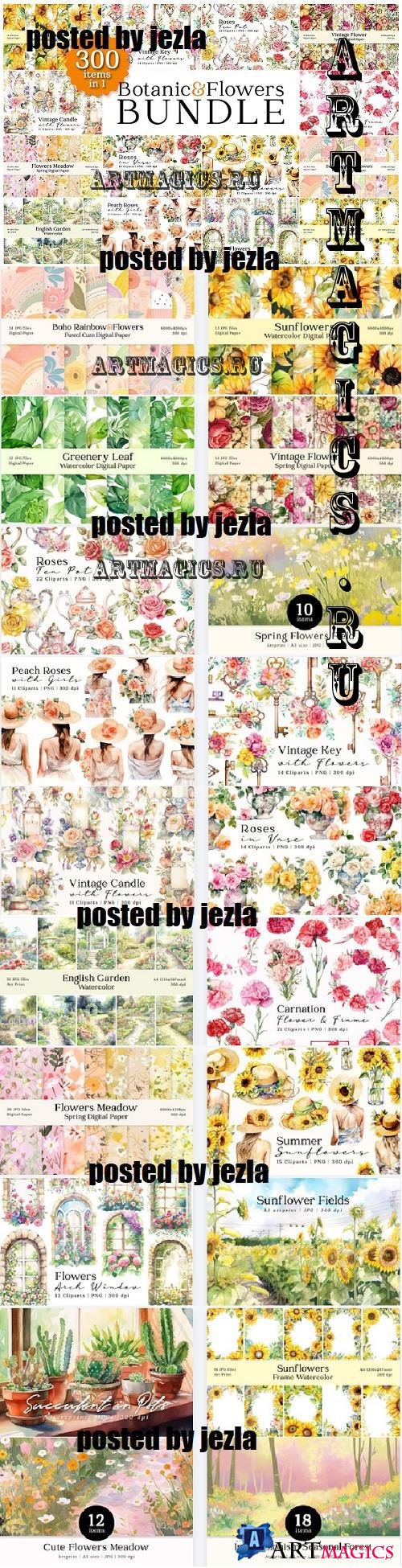 Botanical Flowery Watercolor Bundle - 20 Premium Graphics