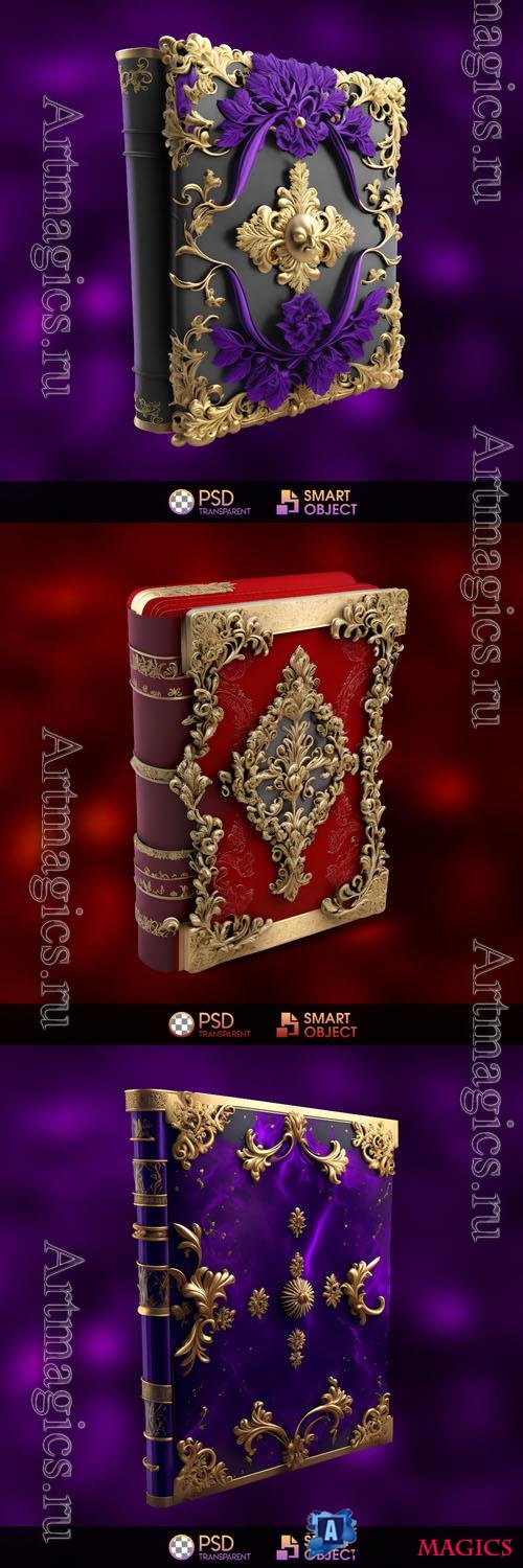 Purple, red and gold book cover with gold flowers in psd