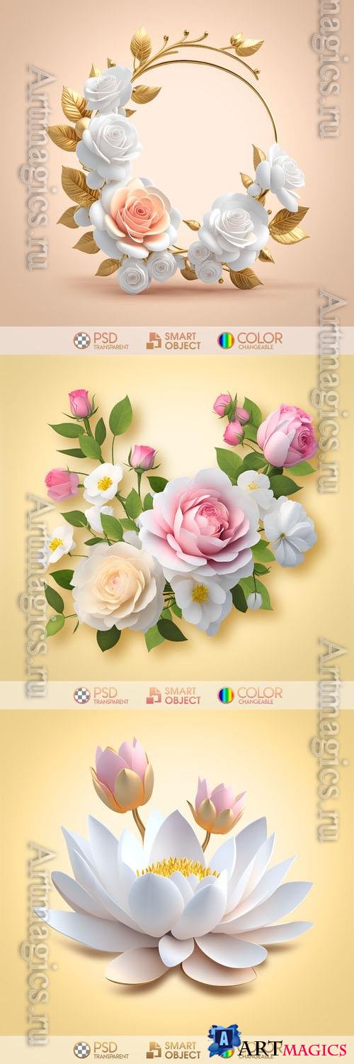 Pink and white roses, lotus in psd