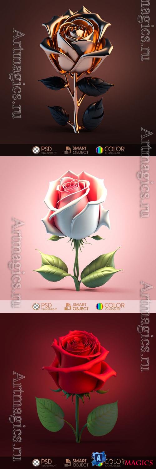 Gold, pink and red roses in psd