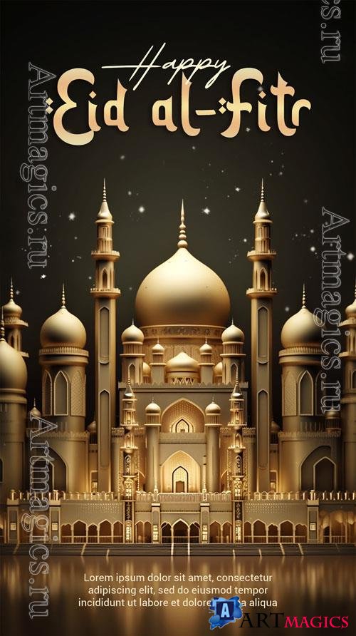 Psd 3d render happy eid alfitr poster with mosque background