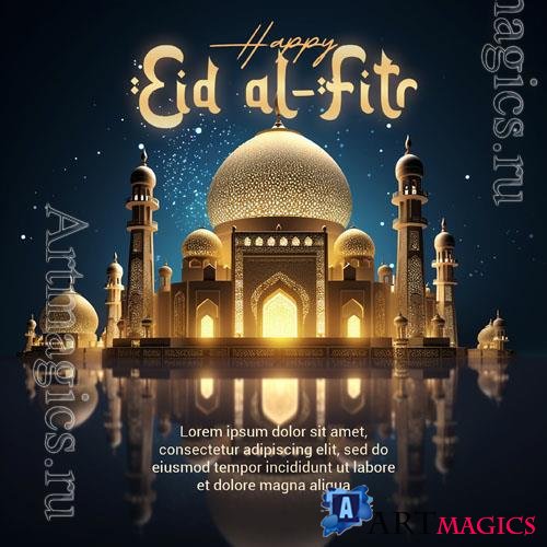 Psd 3d render happy eid alfitr social media post with mosque in the background
