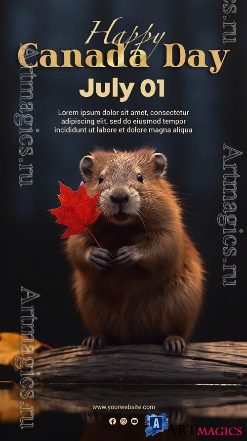 Canada beaver with  red maple leaf celebrating canada day psd