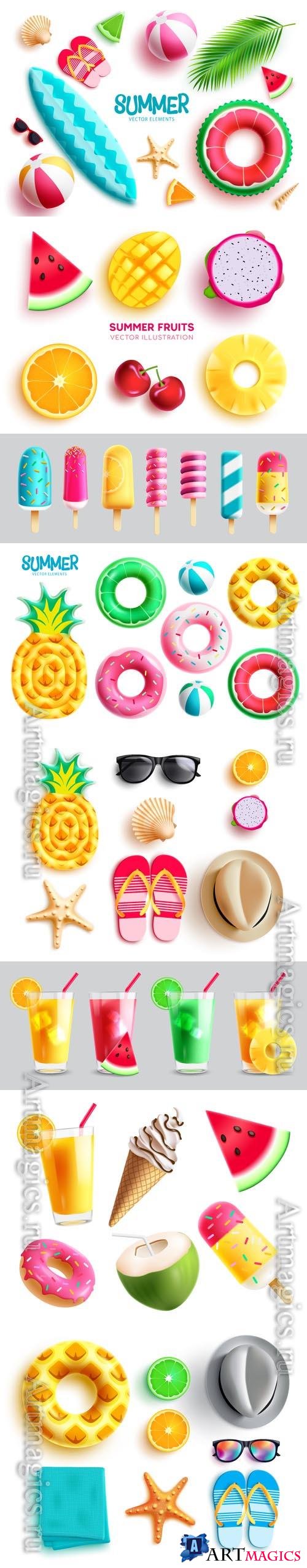 Summer elements vector set design, summer tropical foods