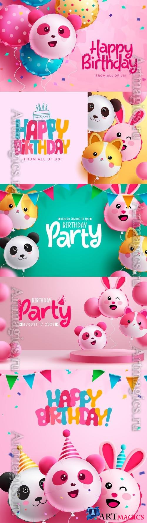 Happy birthday greeting vector design, birthday character panda balloon elements for kids party