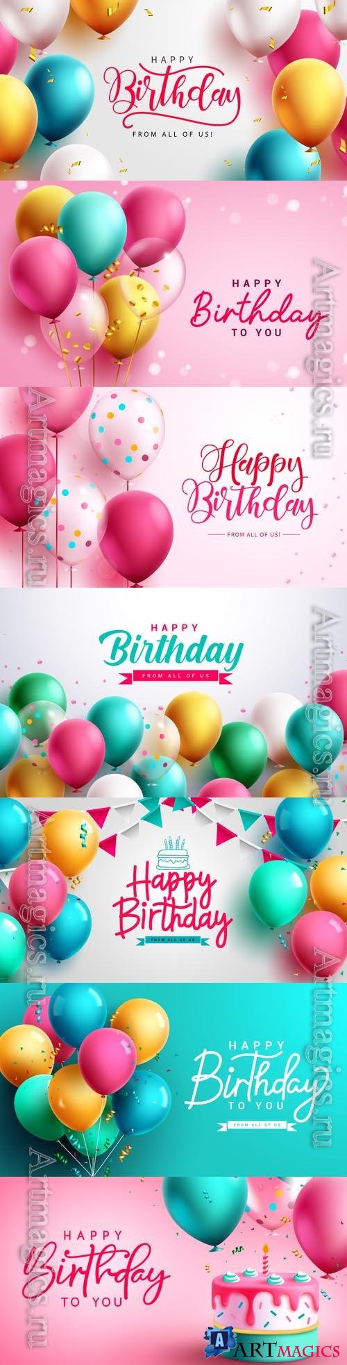 Happy birthday text vector design, birthday balloons party elements decoration