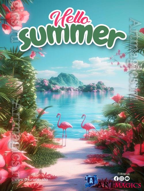 Psd poster for a summer vacation with flamingos on it