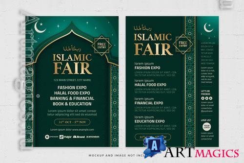 Islamic middle eastern emerald green and gold style flyer template in psd