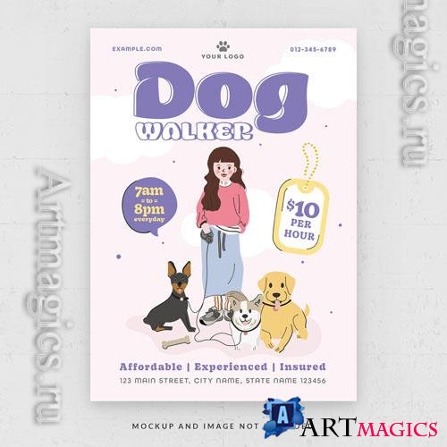Dog walking pets service flyer template in psd pastel theme