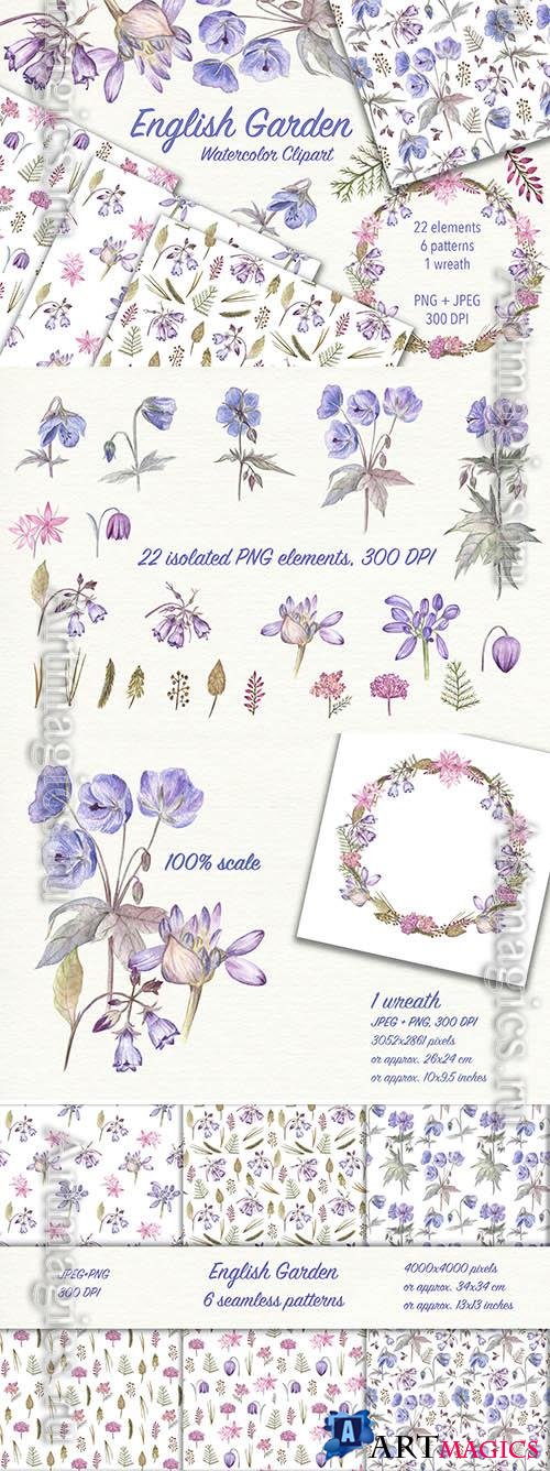 Watercolor Flowers - English Garden Patterns and Wreath